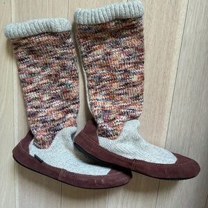 Slouchy Knit Moccasin Knee Boot Multicolored Maroon Cream Blue